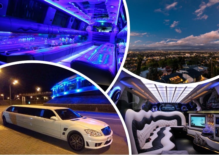 image is showing a collage about sherman oaks view, white limo and interiors of luxury limo