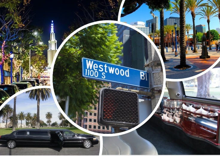 image is showing a collage about Westwood sign and black limo