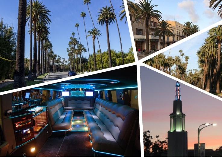 image is showing a collage about interior of luxury limo and road with a lot of palms in Westwood