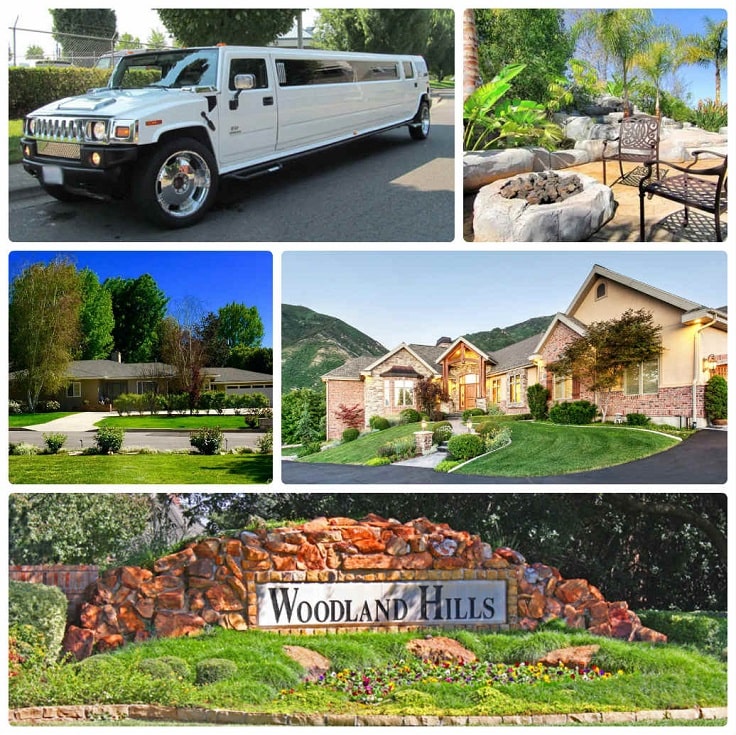 image is showing a collage about woodland hills views and white hummer limo