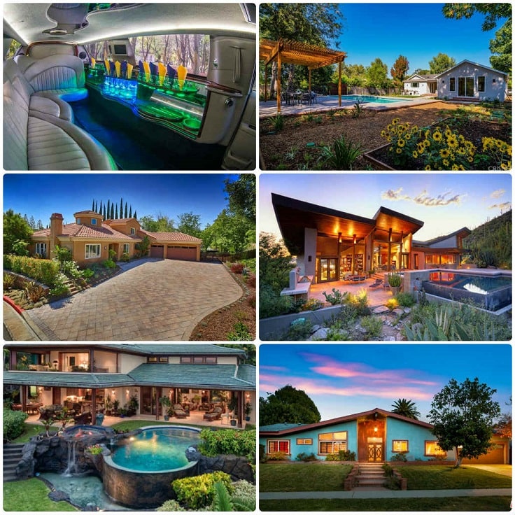 image is showing a collage about woodland hills views and interior of luxury limo