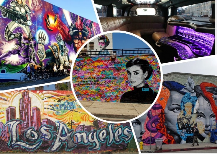 image is showing collage about la art views and interior of the limo