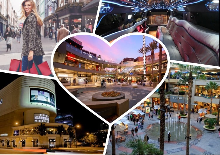 image is showing collage about la fashion district views and interior of luxury limo