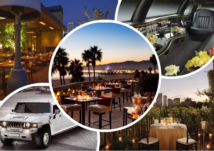 image is showing collage about los angeles views and white hummer limo