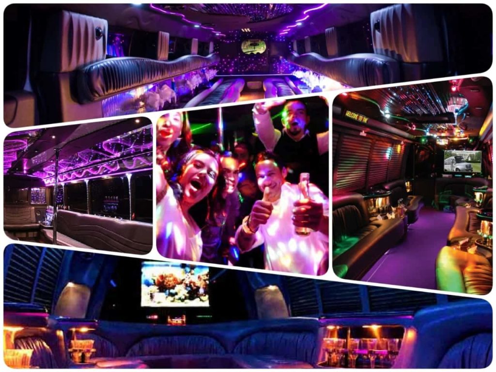 image is showing a collage about party buses and night out limo