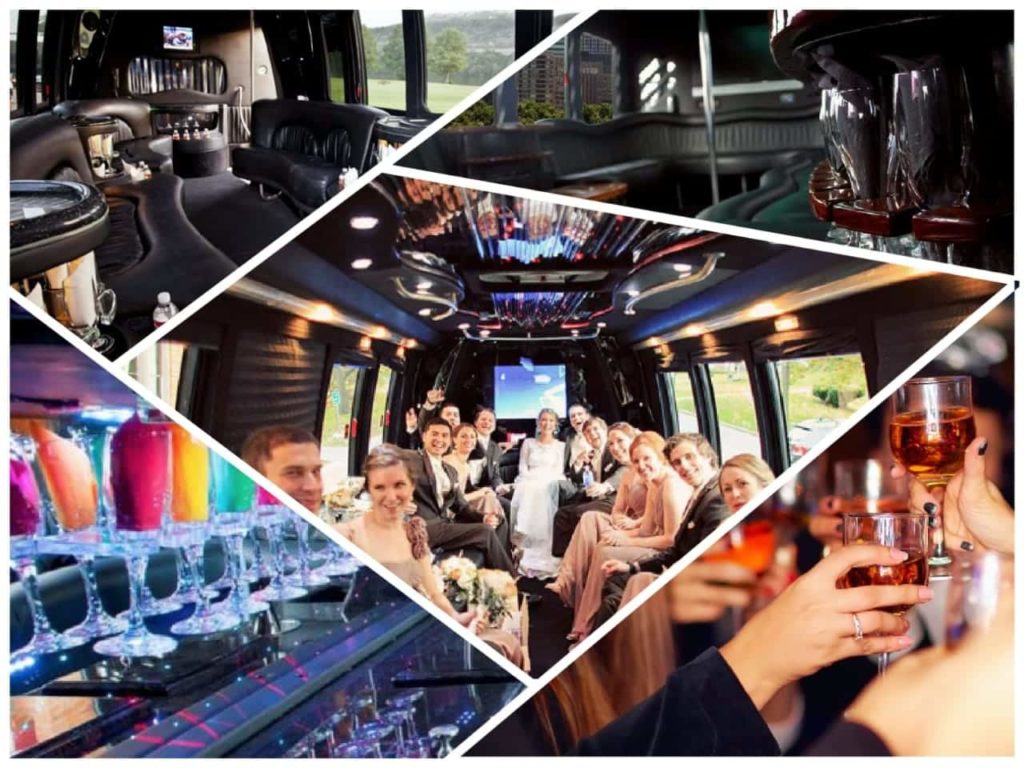 image is showing a collage about party buses and wedding